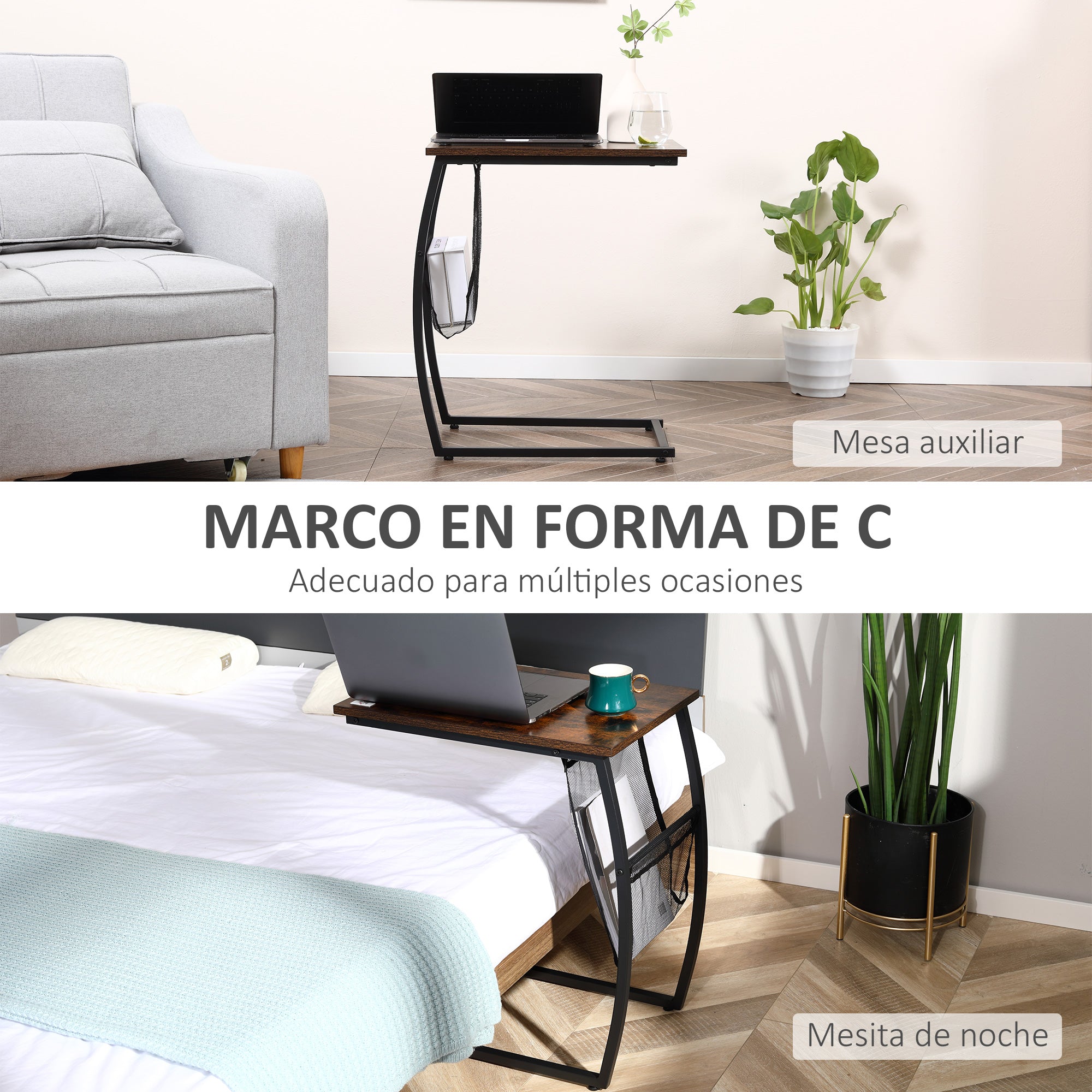 Side Table for Sofa and Bed Small C-Shaped Side Table with Storage Pocket Industrial Style for Living Room 53x35x64.5 cm Rustic Brown