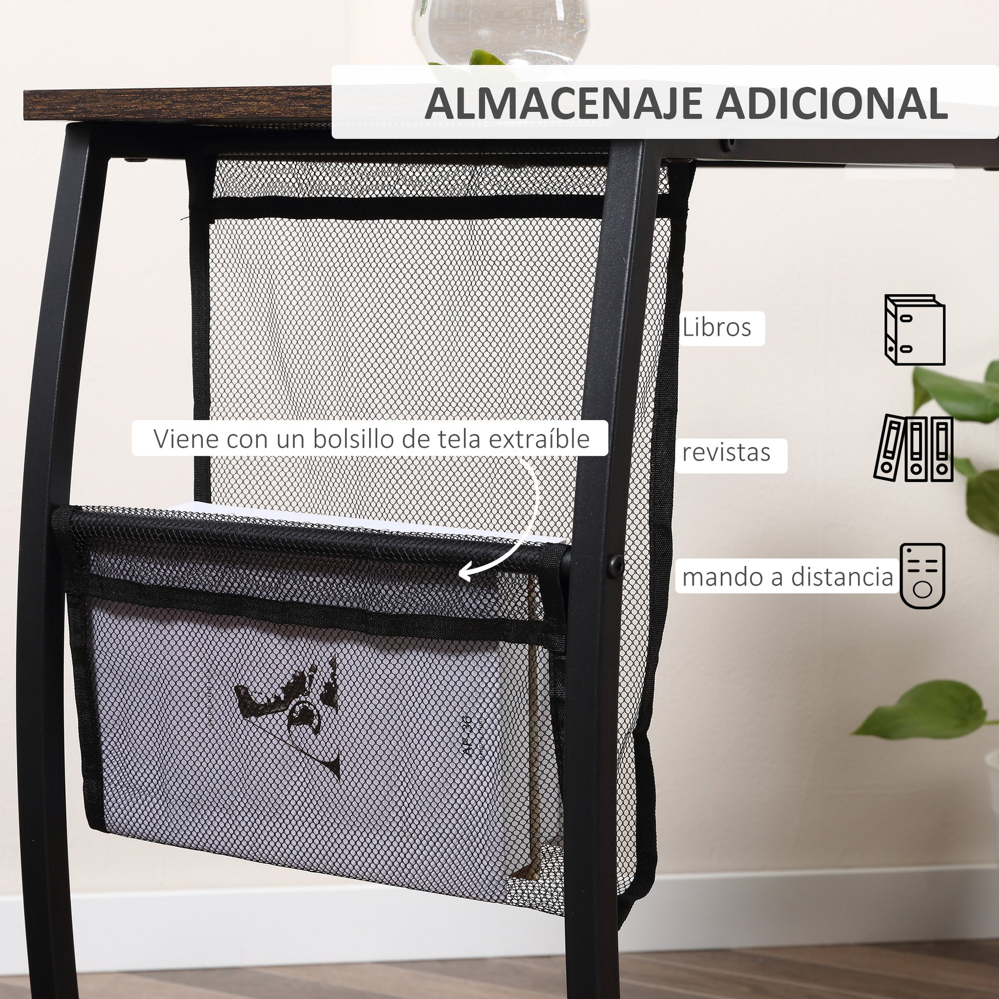 Side Table for Sofa and Bed Small C-Shaped Side Table with Storage Pocket Industrial Style for Living Room 53x35x64.5 cm Rustic Brown