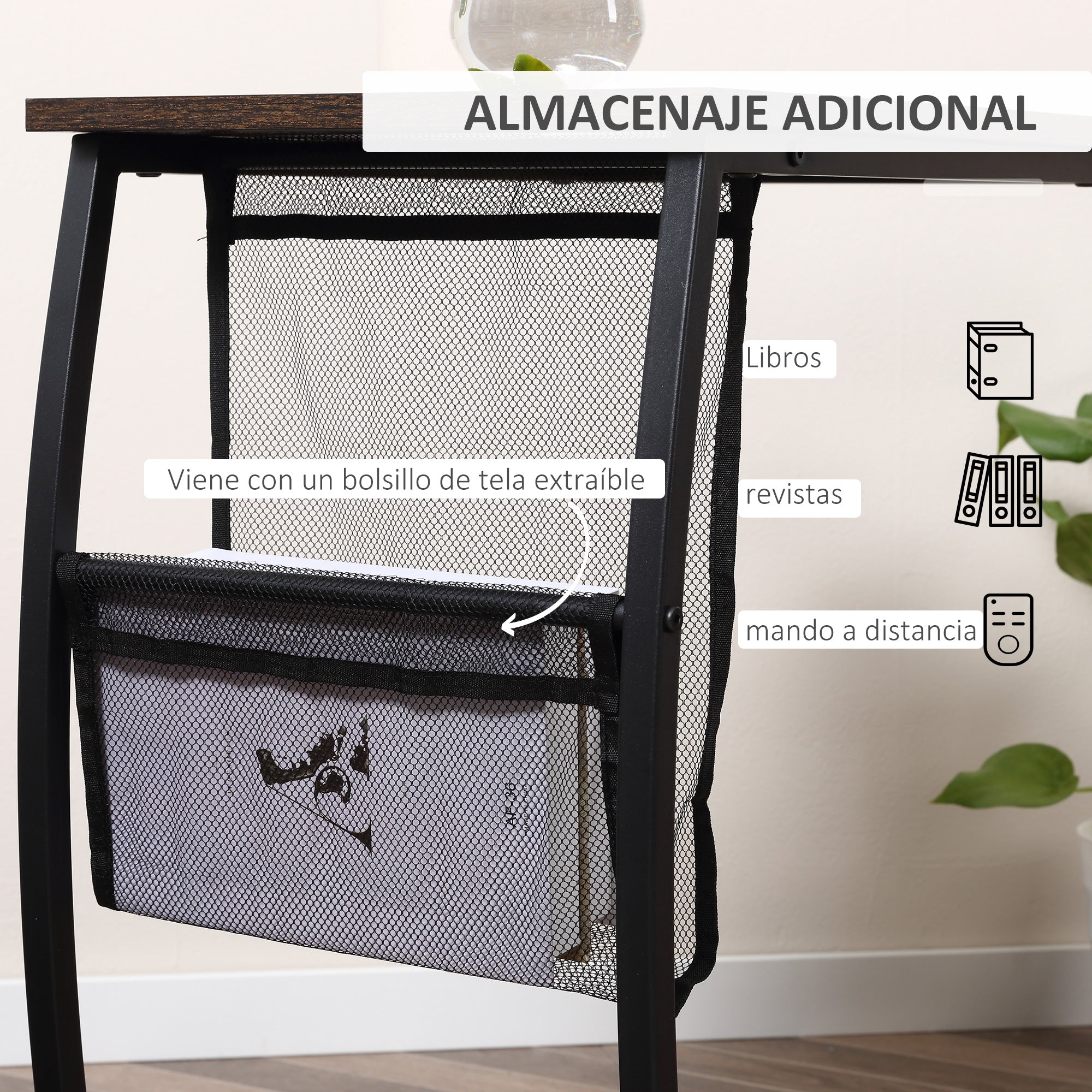 Side Table for Sofa and Bed Small C-Shaped Side Table with Storage Pocket Industrial Style for Living Room 53x35x64.5 cm Rustic Brown