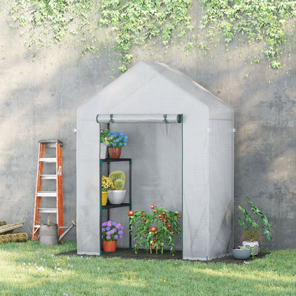 Outdoor Greenhouse Small Greenhouse with 4 Shelves Roll-Up Zippered Door and Steel Frame Greenhouse for Crops Plants Flowers 143x73x195 cm White