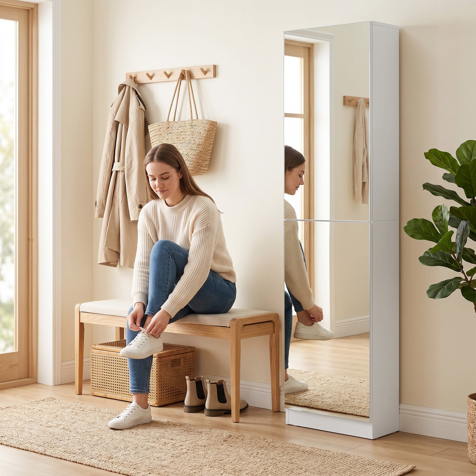 Slim Space-Saving Shoe Cabinet with Full-Length Mirror, 5 Fabric Shelves, Reversible Doors, Soft-Close, Holds 12 Pairs, 19.7 x 7.9 x 70.9 in, White