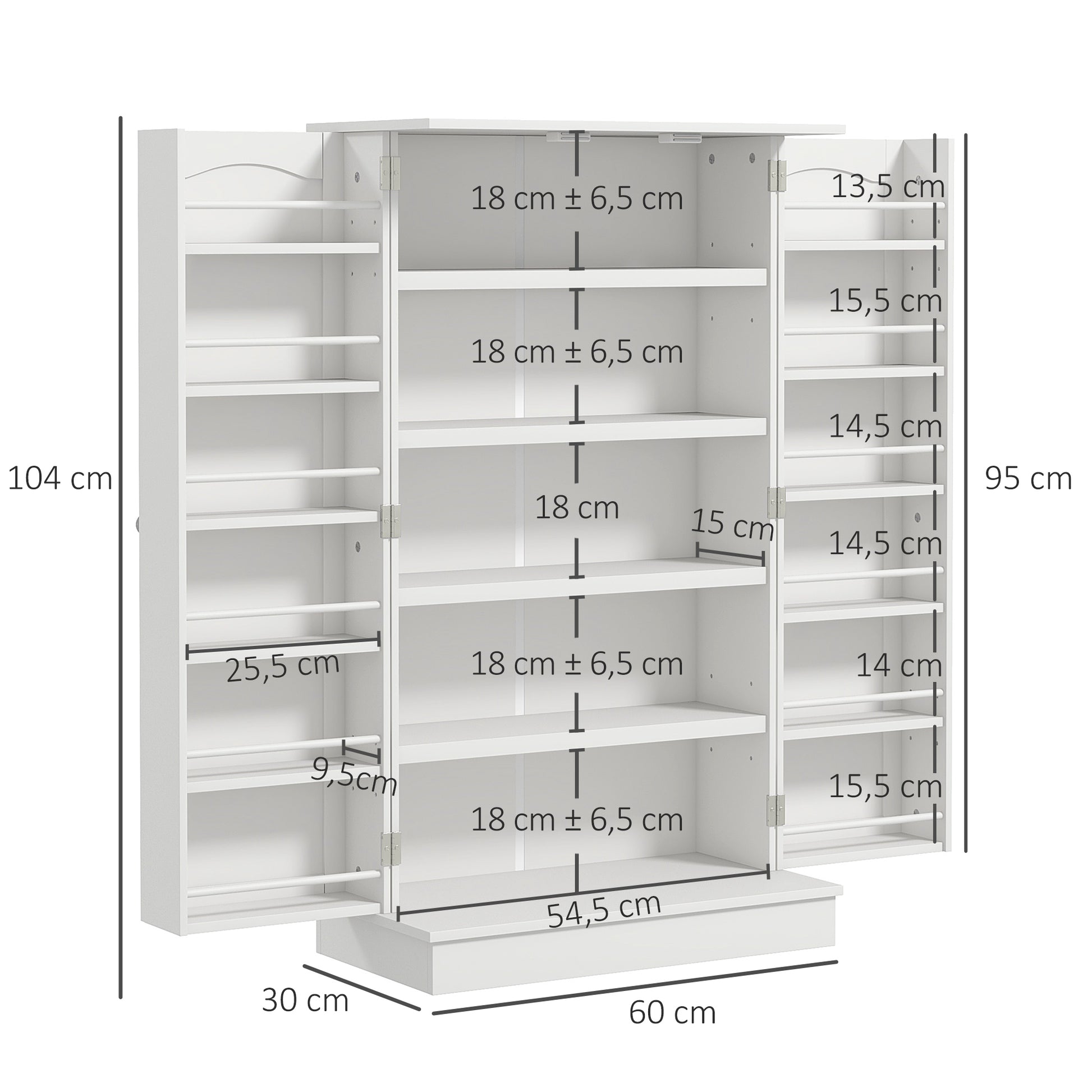 Kitchen Cabinet Buffet Cupboard Modern Storage Cabinet with Adjustable Shelves and 12 Spice Racks, Pantry for Dining Room, Living Room, 60 x 30 x 104 cm, White