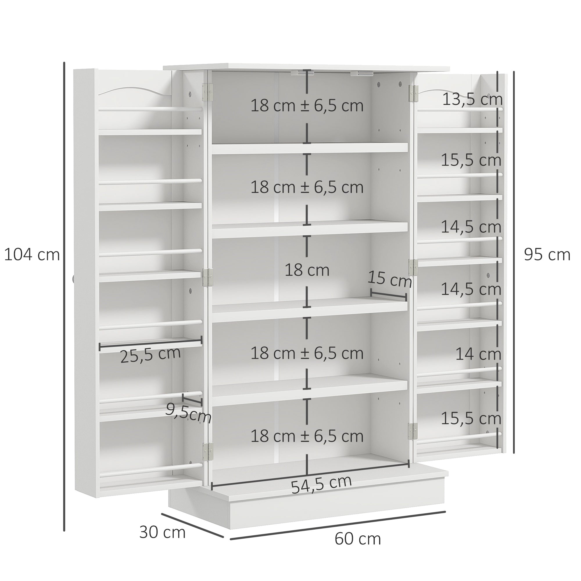 Kitchen Cabinet Buffet Cupboard Modern Storage Cabinet with Adjustable Shelves and 12 Spice Racks, Pantry for Dining Room, Living Room, 60 x 30 x 104 cm, White