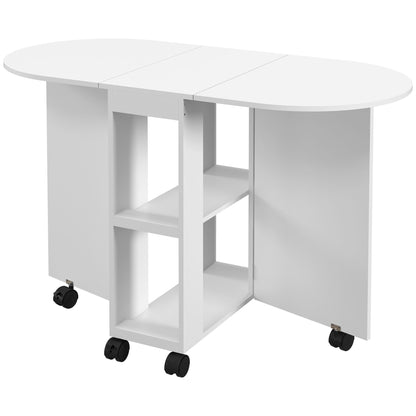 Folding Dining Table with Wheels Kitchen Table with Foldable Sides and 2 Open Shelves Modern Style 80 kg Capacity 120x60x77 cm White