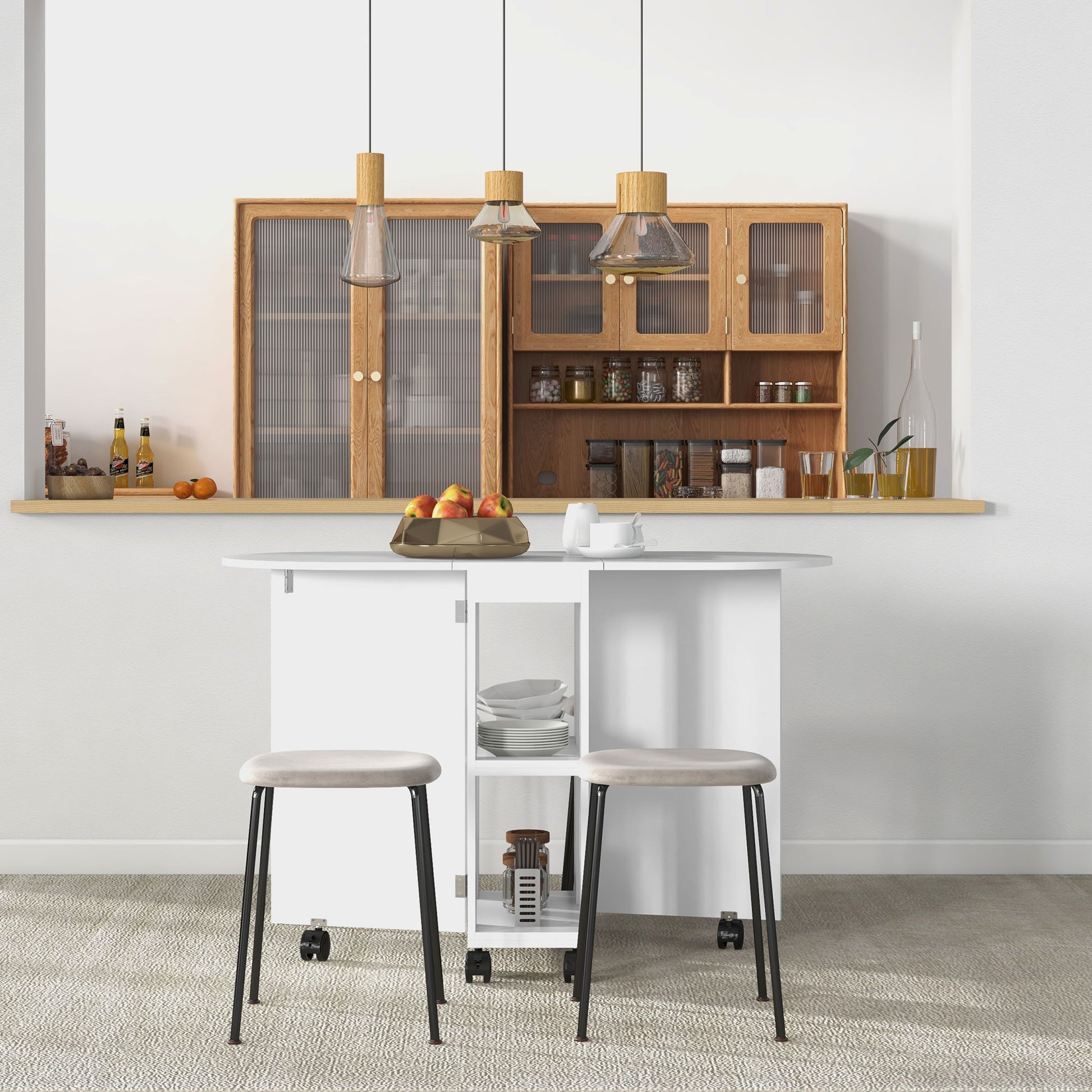 Folding Dining Table with Wheels Kitchen Table with Foldable Sides and 2 Open Shelves Modern Style 80 kg Capacity 120x60x77 cm White