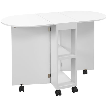 Folding Dining Table with Wheels Kitchen Table with Foldable Sides and 2 Open Shelves Modern Style 80 kg Capacity 120x60x77 cm White