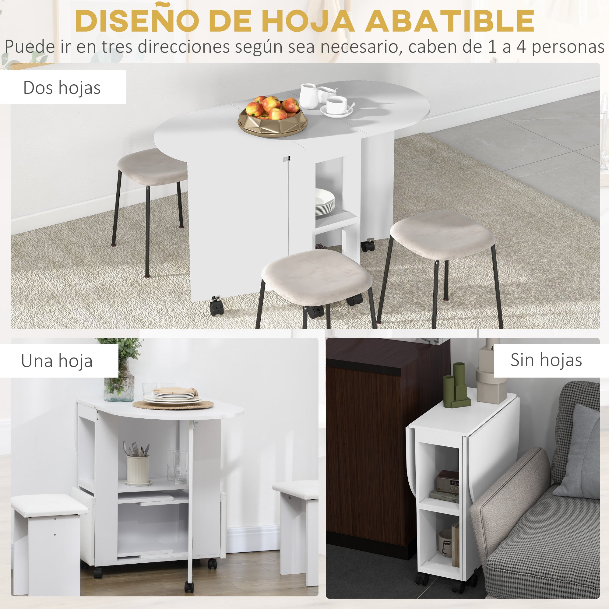 Folding Dining Table with Wheels Kitchen Table with Foldable Sides and 2 Open Shelves Modern Style 80 kg Capacity 120x60x77 cm White