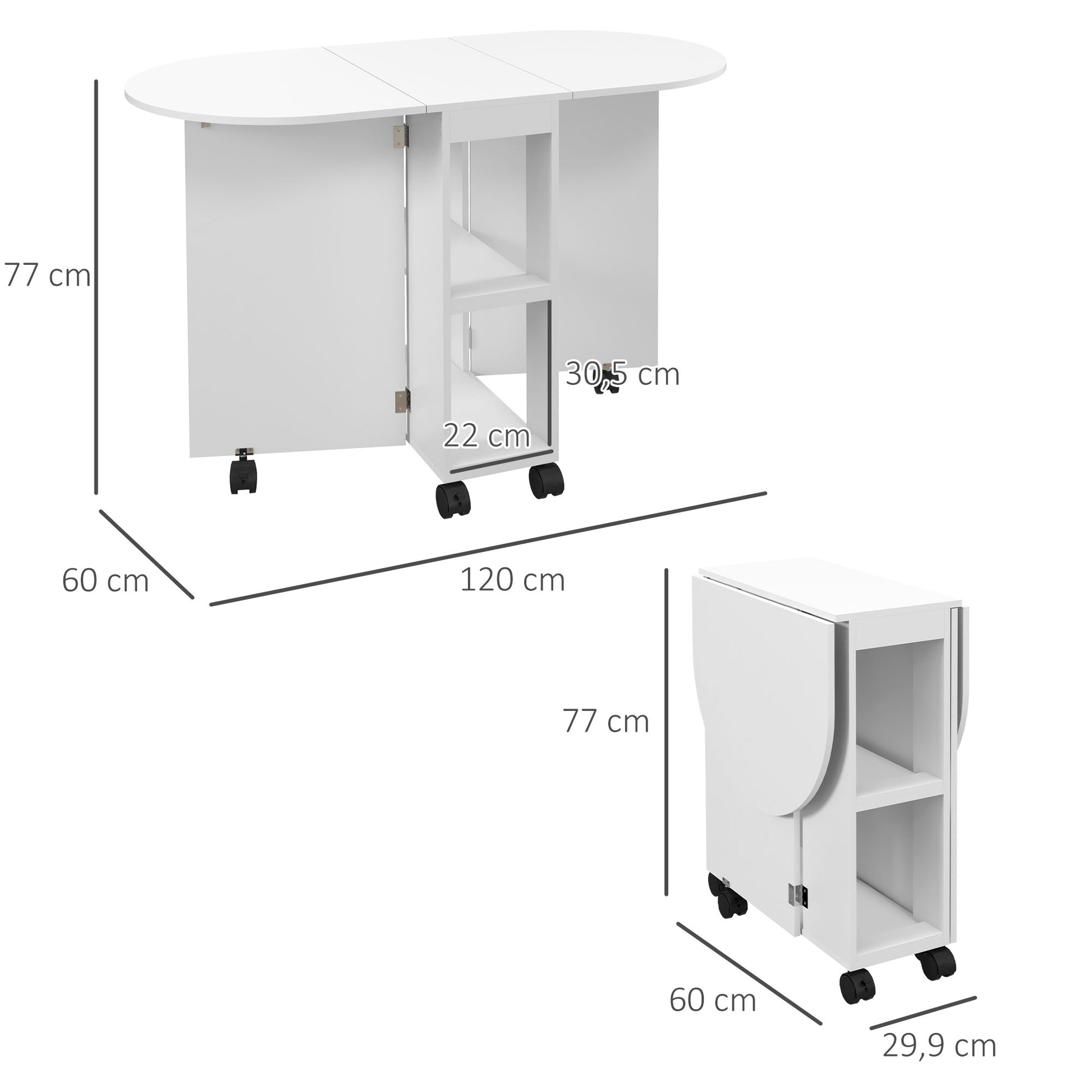 Folding Dining Table with Wheels Kitchen Table with Foldable Sides and 2 Open Shelves Modern Style 80 kg Capacity 120x60x77 cm White
