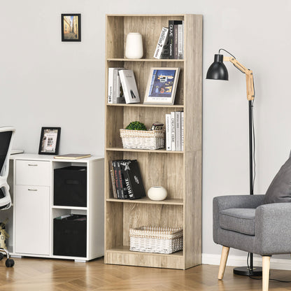 5-Tier Bookshelf with 3 Adjustable Shelves Antitip Storage for Living Room Office Study 63x29.5x176 cm Natural Wood