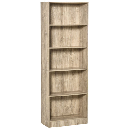 5-Tier Bookshelf with 3 Adjustable Shelves Antitip Storage for Living Room Office Study 63x29.5x176 cm Natural Wood