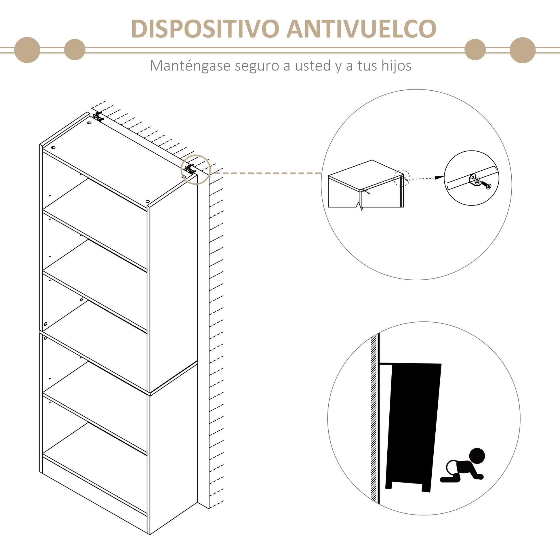 5-Tier Bookshelf with 3 Adjustable Shelves Antitip Storage for Living Room Office Study 63x29.5x176 cm Natural Wood