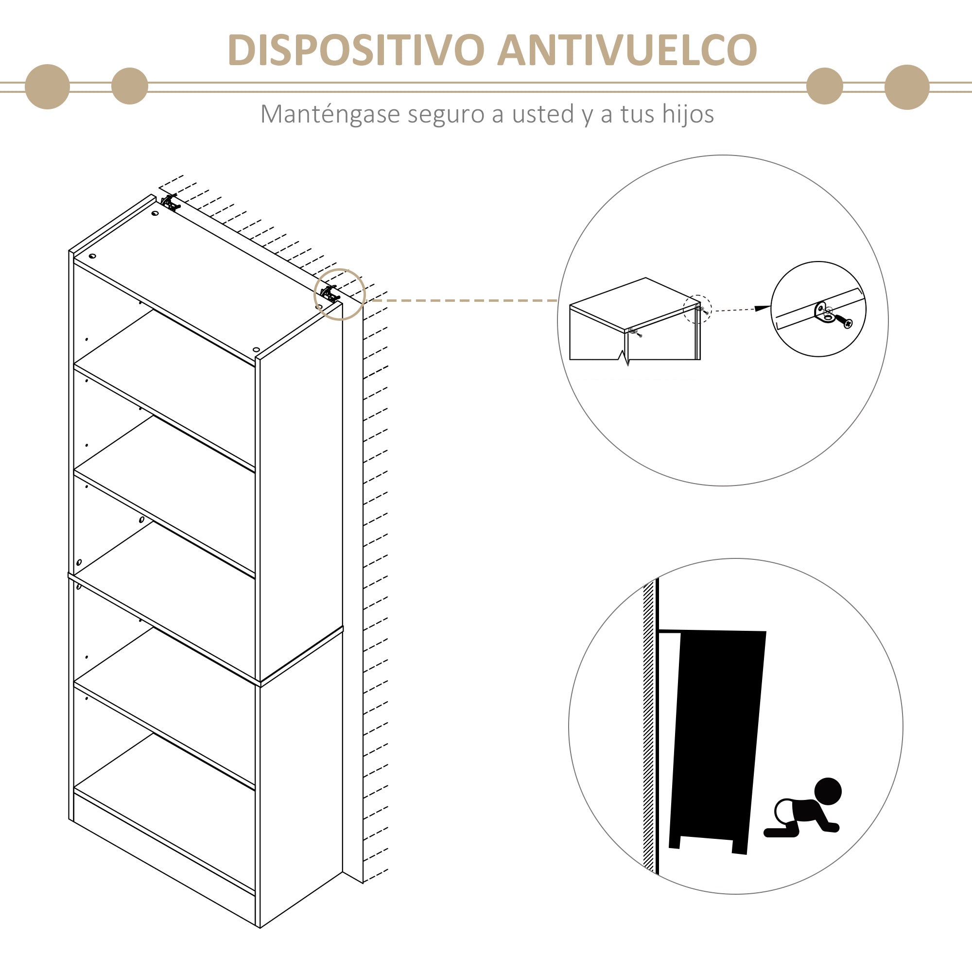 5-Tier Bookshelf with 3 Adjustable Shelves Antitip Storage for Living Room Office Study 63x29.5x176 cm Natural Wood