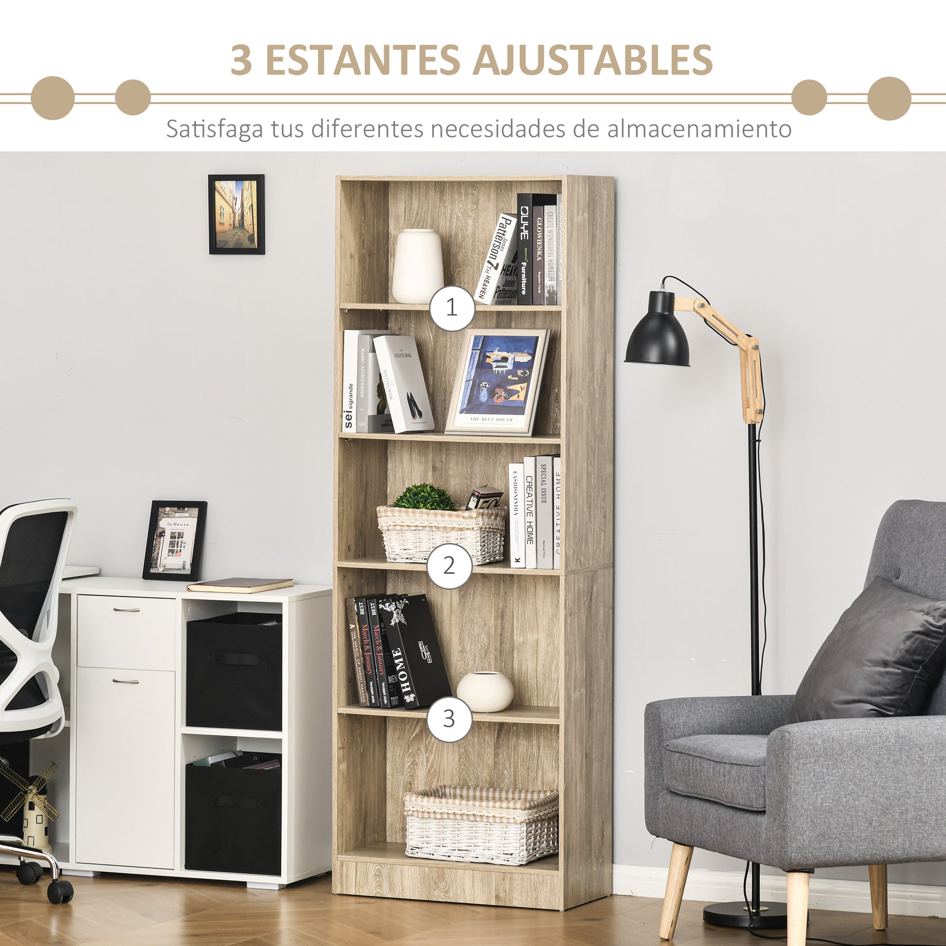 5-Tier Bookshelf with 3 Adjustable Shelves Antitip Storage for Living Room Office Study 63x29.5x176 cm Natural Wood