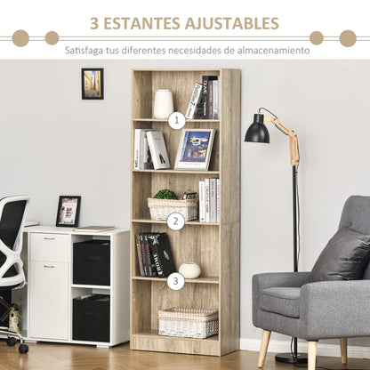 5-Tier Bookshelf with 3 Adjustable Shelves Antitip Storage for Living Room Office Study 63x29.5x176 cm Natural Wood