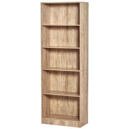 5-Tier Bookshelf with 3 Adjustable Shelves Antitip Storage for Living Room Office Study 63x29.5x176 cm Natural Wood