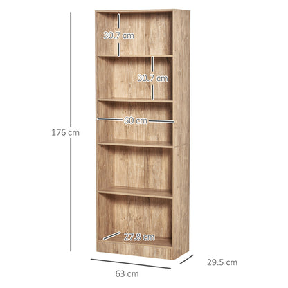 5-Tier Bookshelf with 3 Adjustable Shelves Antitip Storage for Living Room Office Study 63x29.5x176 cm Natural Wood