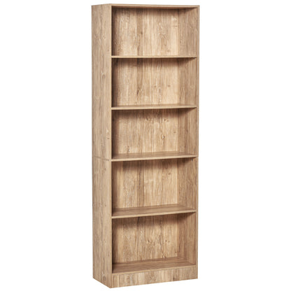 5-Tier Bookshelf with 3 Adjustable Shelves Antitip Storage for Living Room Office Study 63x29.5x176 cm Natural Wood