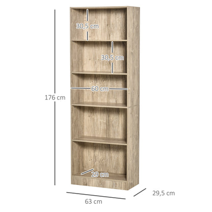 5-Tier Bookshelf with 3 Adjustable Shelves Antitip Storage for Living Room Office Study 63x29.5x176 cm Natural Wood