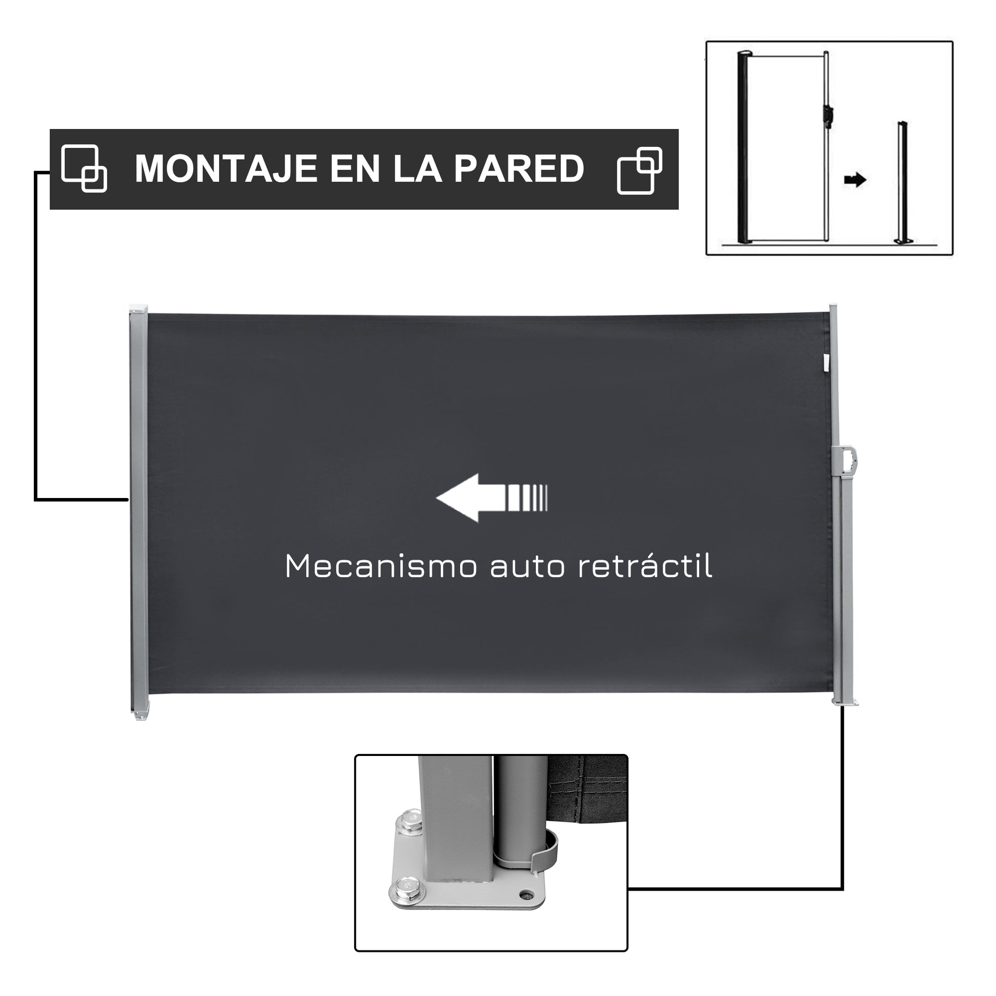 Retractable Side Awning 300x180 cm Roll-up Screen Privacy Screen Waterproof and Anti-UV Privacy Protection for Garden Balcony Terrace Gray