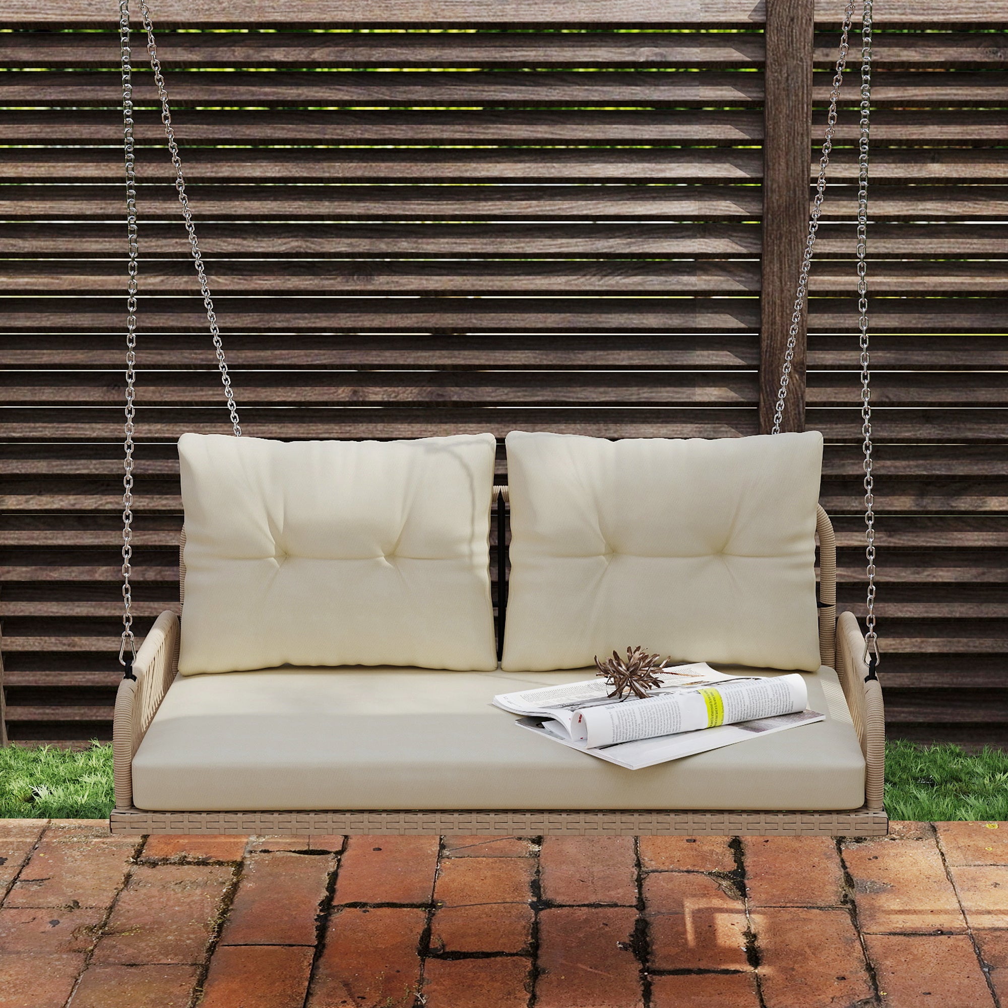 Hollywood Swing 2-Seater Rattan Garden Swing with Cushions Chain Hanging Bench up to 240 kg Load Capacity Swing Bench Garden Bench for Garden Balcony 115 x 66 x 44 cm Beige