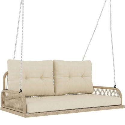 Hollywood Swing 2-Seater Rattan Garden Swing with Cushions Chain Hanging Bench up to 240 kg Load Capacity Swing Bench Garden Bench for Garden Balcony 115 x 66 x 44 cm Beige