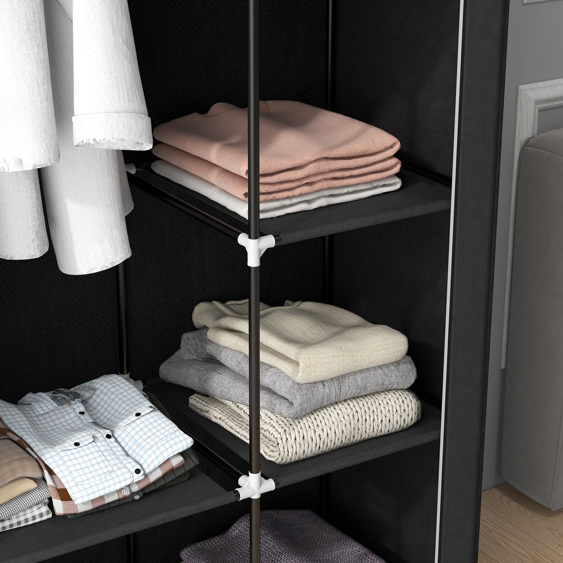 Wardrobe Fabric Wardrobe with 6 Shelves, Clothes Rail, Zipper Folding Wardrobe for Dressing Room Bedroom, 103 x 43 x 162.5 cm, Black