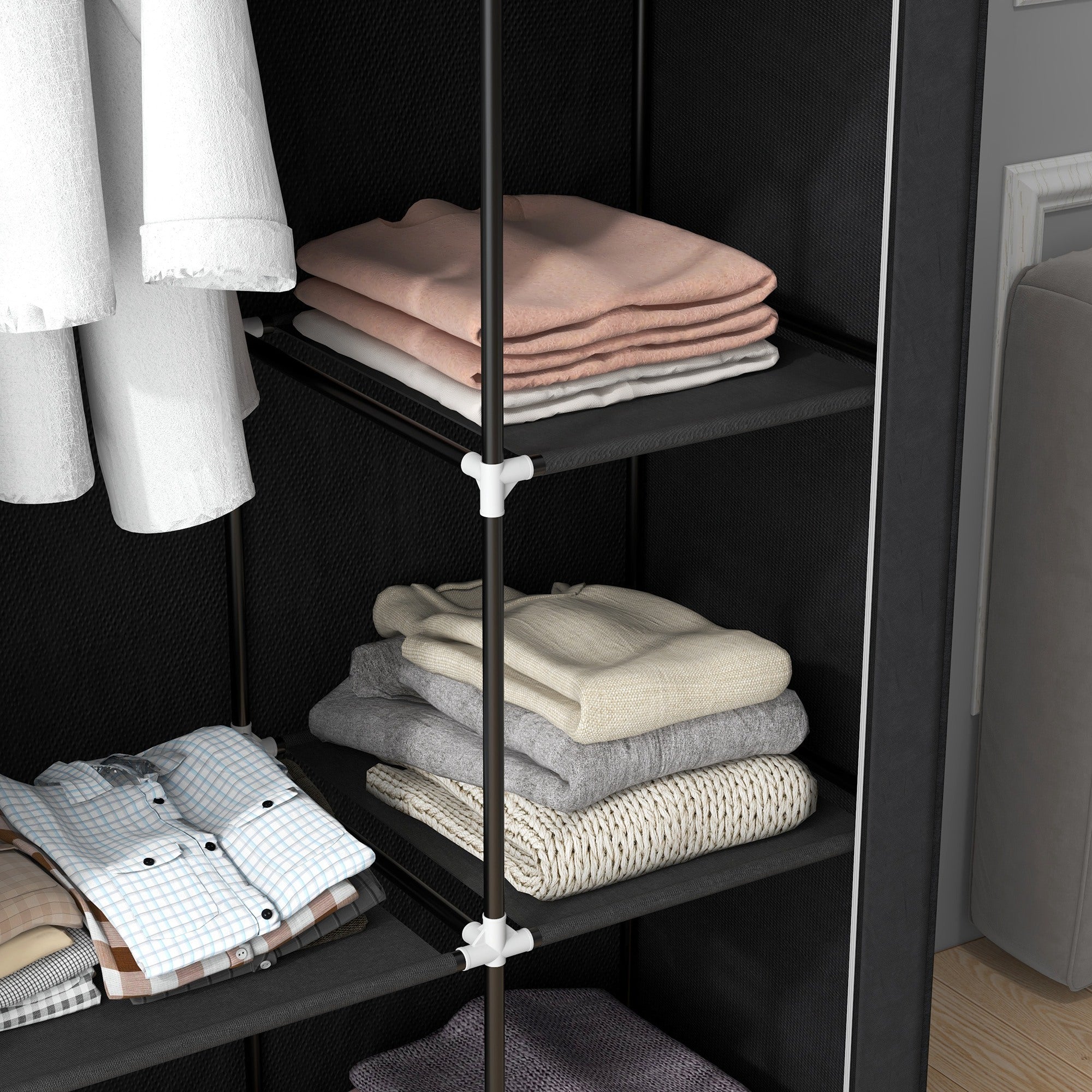Wardrobe Fabric Wardrobe with 6 Shelves, Clothes Rail, Zipper Folding Wardrobe for Dressing Room Bedroom, 103 x 43 x 162.5 cm, Black