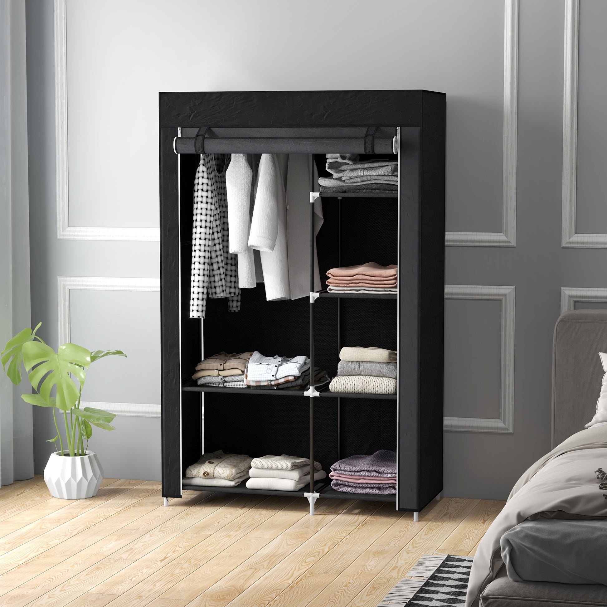 Wardrobe Fabric Wardrobe with 6 Shelves, Clothes Rail, Zipper Folding Wardrobe for Dressing Room Bedroom, 103 x 43 x 162.5 cm, Black