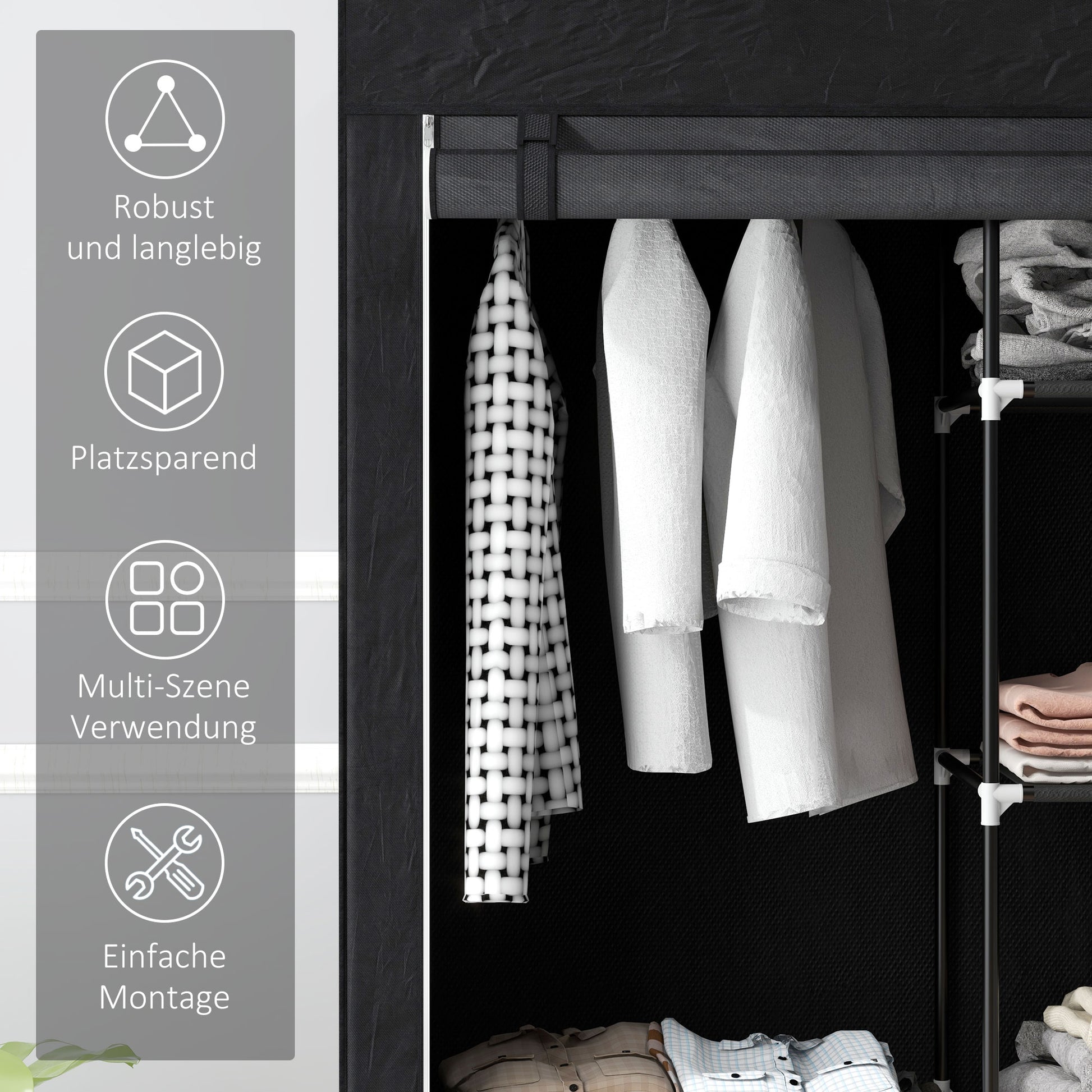 Wardrobe Fabric Wardrobe with 6 Shelves, Clothes Rail, Zipper Folding Wardrobe for Dressing Room Bedroom, 103 x 43 x 162.5 cm, Black