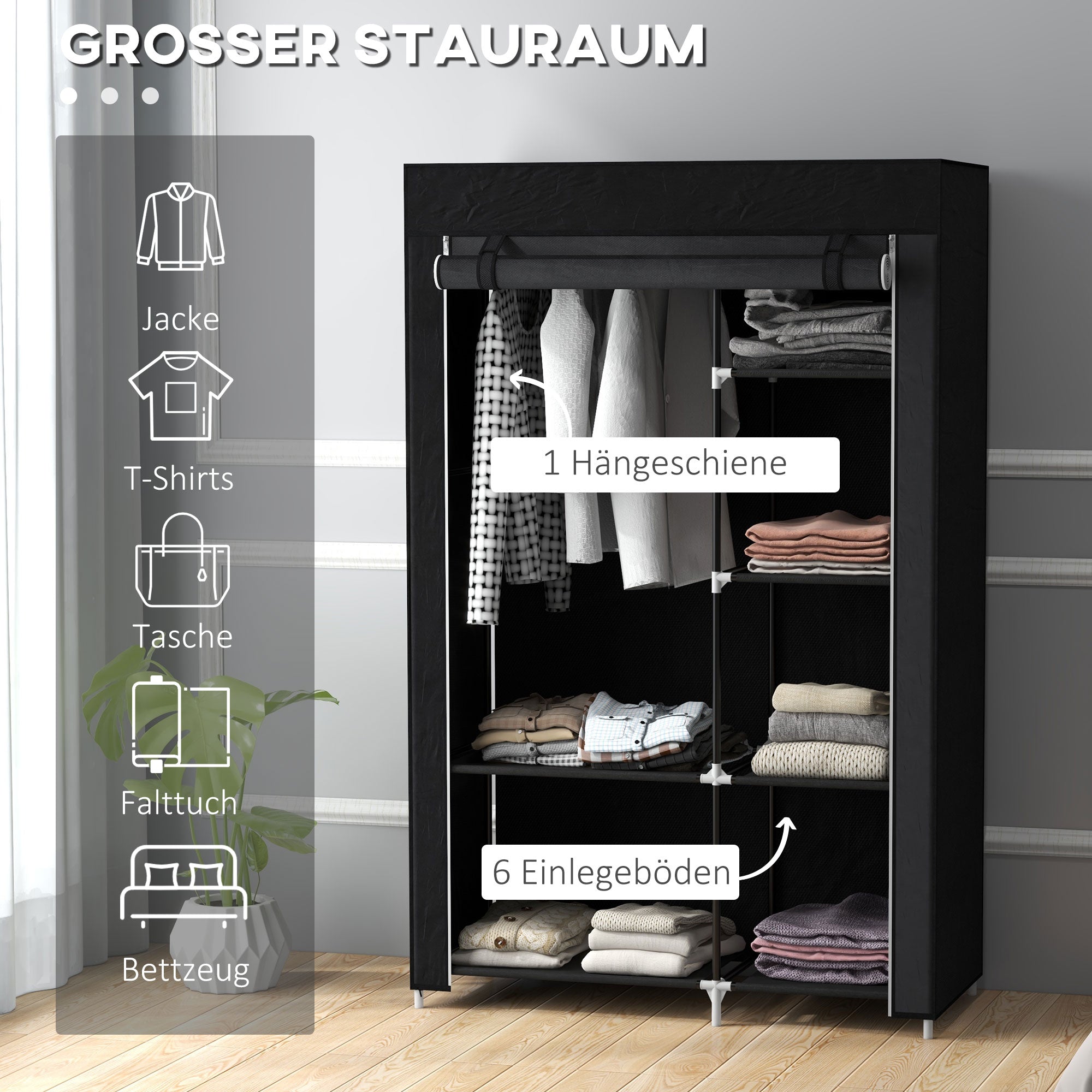 Wardrobe Fabric Wardrobe with 6 Shelves, Clothes Rail, Zipper Folding Wardrobe for Dressing Room Bedroom, 103 x 43 x 162.5 cm, Black