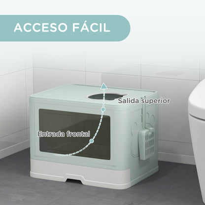 Covered Cat Litter Box Detachable with Removable Tray Scoop Storage Box Brush 2 Doors Front Entrance and Top Exit 48.5x38x36.5 cm Light Green and White