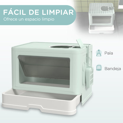 Covered Cat Litter Box Detachable with Removable Tray Scoop Storage Box Brush 2 Doors Front Entrance and Top Exit 48.5x38x36.5 cm Light Green and White