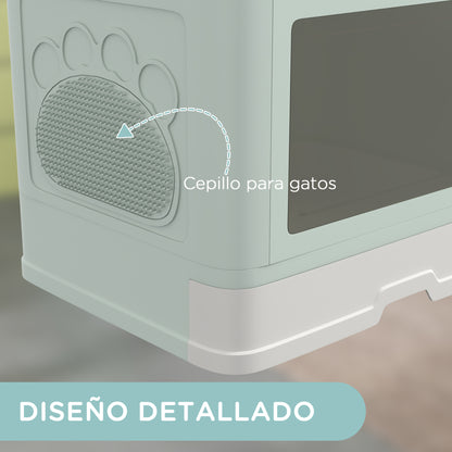 Covered Cat Litter Box Detachable with Removable Tray Scoop Storage Box Brush 2 Doors Front Entrance and Top Exit 48.5x38x36.5 cm Light Green and White