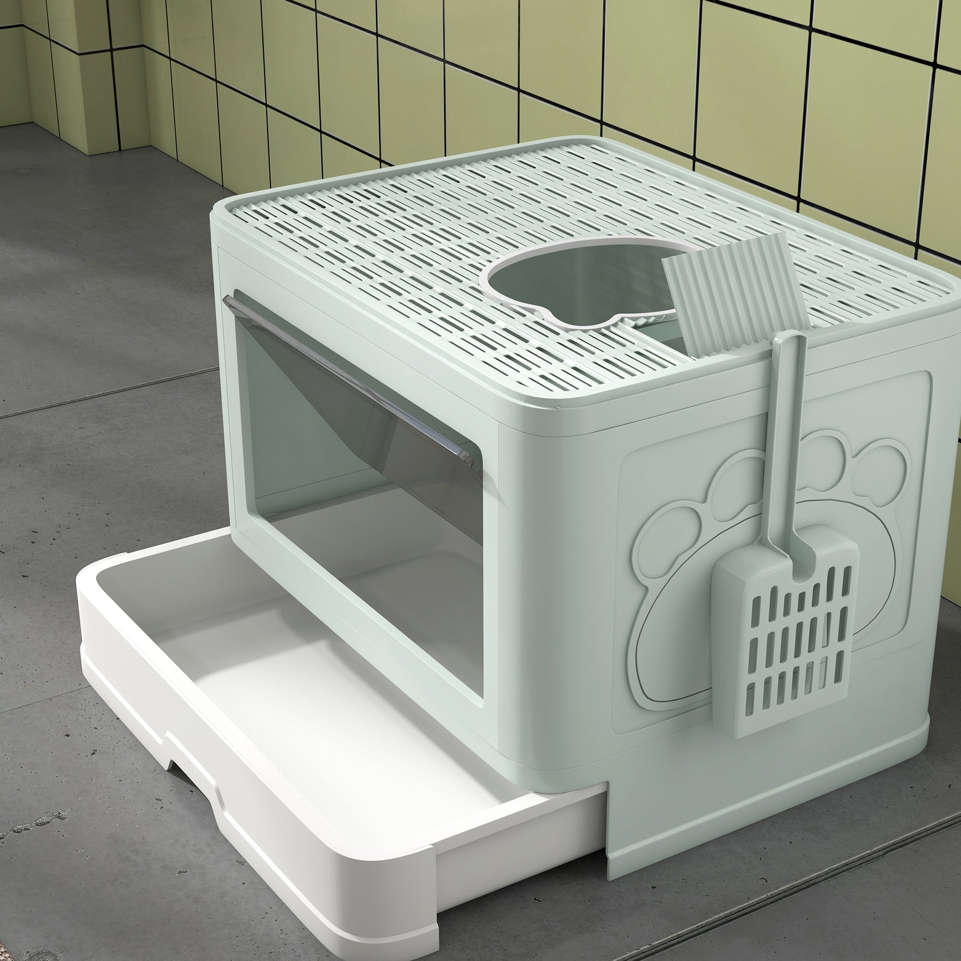 Covered Cat Litter Box Detachable with Removable Tray Scoop Storage Box Brush 2 Doors Front Entrance and Top Exit 48.5x38x36.5 cm Light Green and White