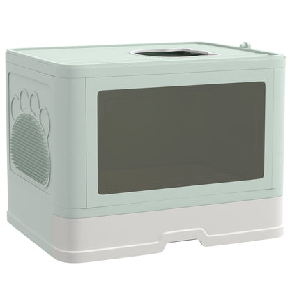Covered Cat Litter Box Detachable with Removable Tray Scoop Storage Box Brush 2 Doors Front Entrance and Top Exit 48.5x38x36.5 cm Light Green and White