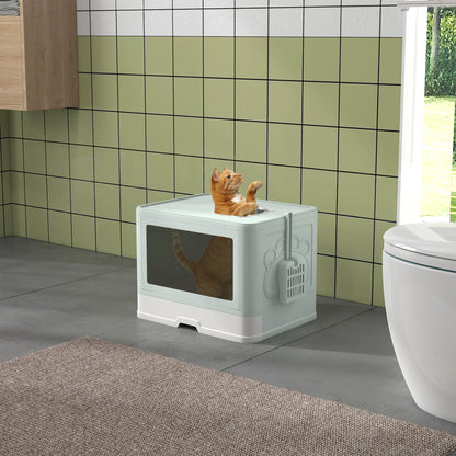 Covered Cat Litter Box Detachable with Removable Tray Scoop Storage Box Brush 2 Doors Front Entrance and Top Exit 48.5x38x36.5 cm Light Green and White