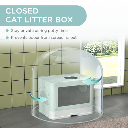 Covered Cat Litter Box Detachable with Removable Tray Scoop Storage Box Brush 2 Doors Front Entrance and Top Exit 48.5x38x36.5 cm Light Green and White