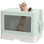 Covered Cat Litter Box Detachable with Removable Tray Scoop Storage Box Brush 2 Doors Front Entrance and Top Exit 48.5x38x36.5 cm Light Green and White