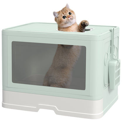 Covered Cat Litter Box Detachable with Removable Tray Scoop Storage Box Brush 2 Doors Front Entrance and Top Exit 48.5x38x36.5 cm Light Green and White