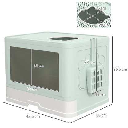 Covered Cat Litter Box Detachable with Removable Tray Scoop Storage Box Brush 2 Doors Front Entrance and Top Exit 48.5x38x36.5 cm Light Green and White