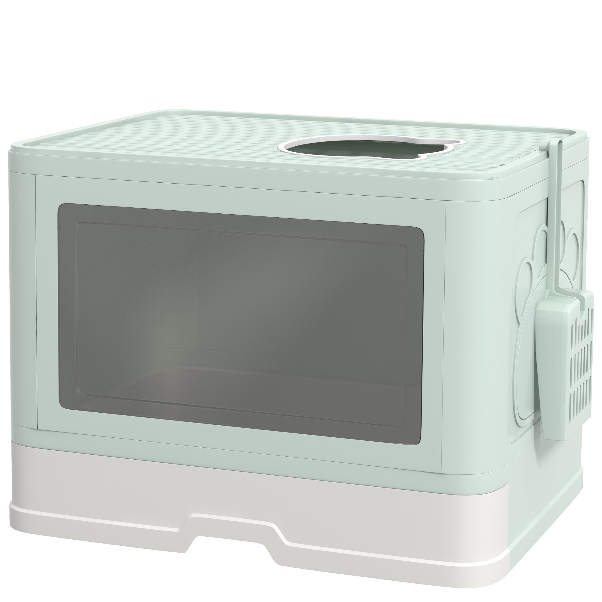 Covered Cat Litter Box Detachable with Removable Tray Scoop Storage Box Brush 2 Doors Front Entrance and Top Exit 48.5x38x36.5 cm Light Green and White