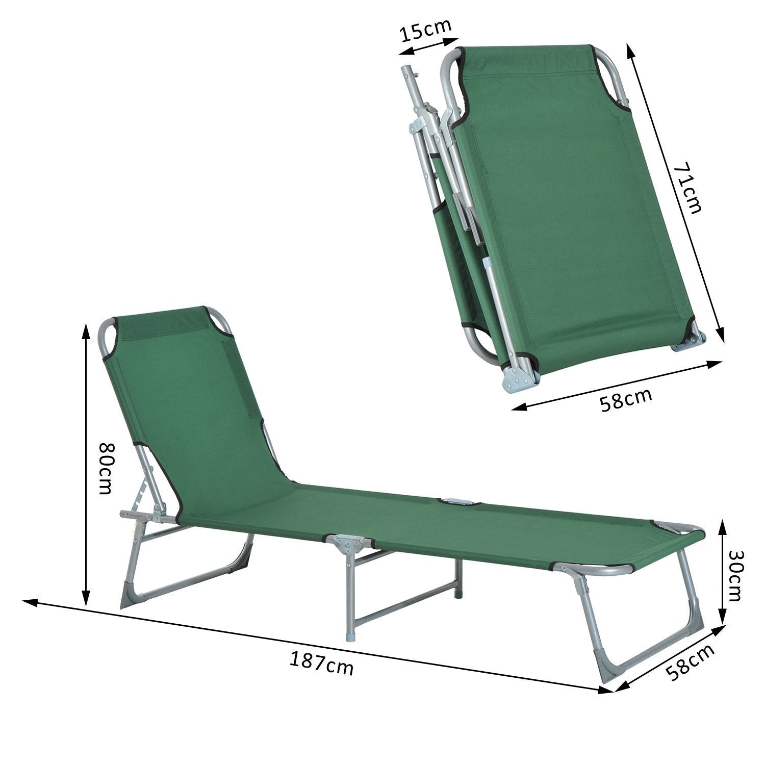 Folding Camping Bed Portable Sun Lounger with 4-Level Adjustable Backrest 120 kg Weight Capacity for Beach Garden Swimming Pool Hiking 187x58x28 cm Green