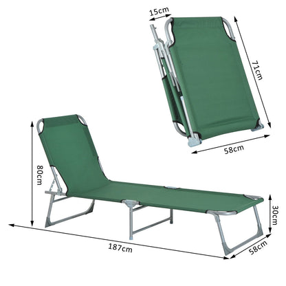 Folding Camping Bed Portable Sun Lounger with 4-Level Adjustable Backrest 120 kg Weight Capacity for Beach Garden Swimming Pool Hiking 187x58x28 cm Green