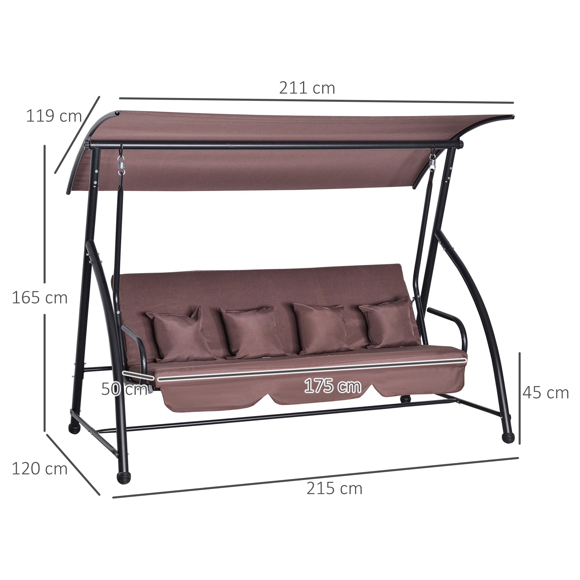 Hollywood Swing Garden Swing Hanging Bench 3 Seater Swing with Adjustable Roof Lounger Function Polyester Brown 215 x 120 x 165 cm