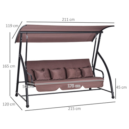 Hollywood Swing Garden Swing Hanging Bench 3 Seater Swing with Adjustable Roof Lounger Function Polyester Brown 215 x 120 x 165 cm
