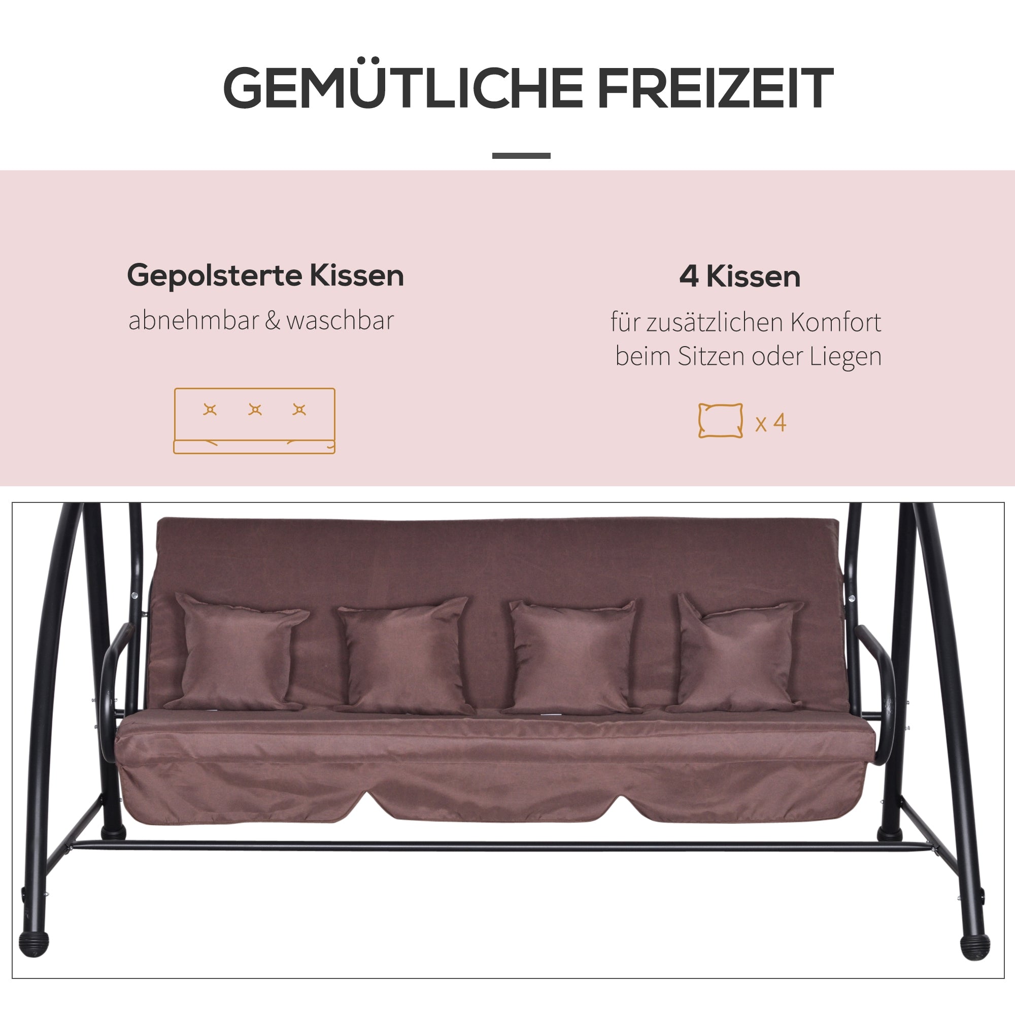 Hollywood Swing Garden Swing Hanging Bench 3 Seater Swing with Adjustable Roof Lounger Function Polyester Brown 215 x 120 x 165 cm