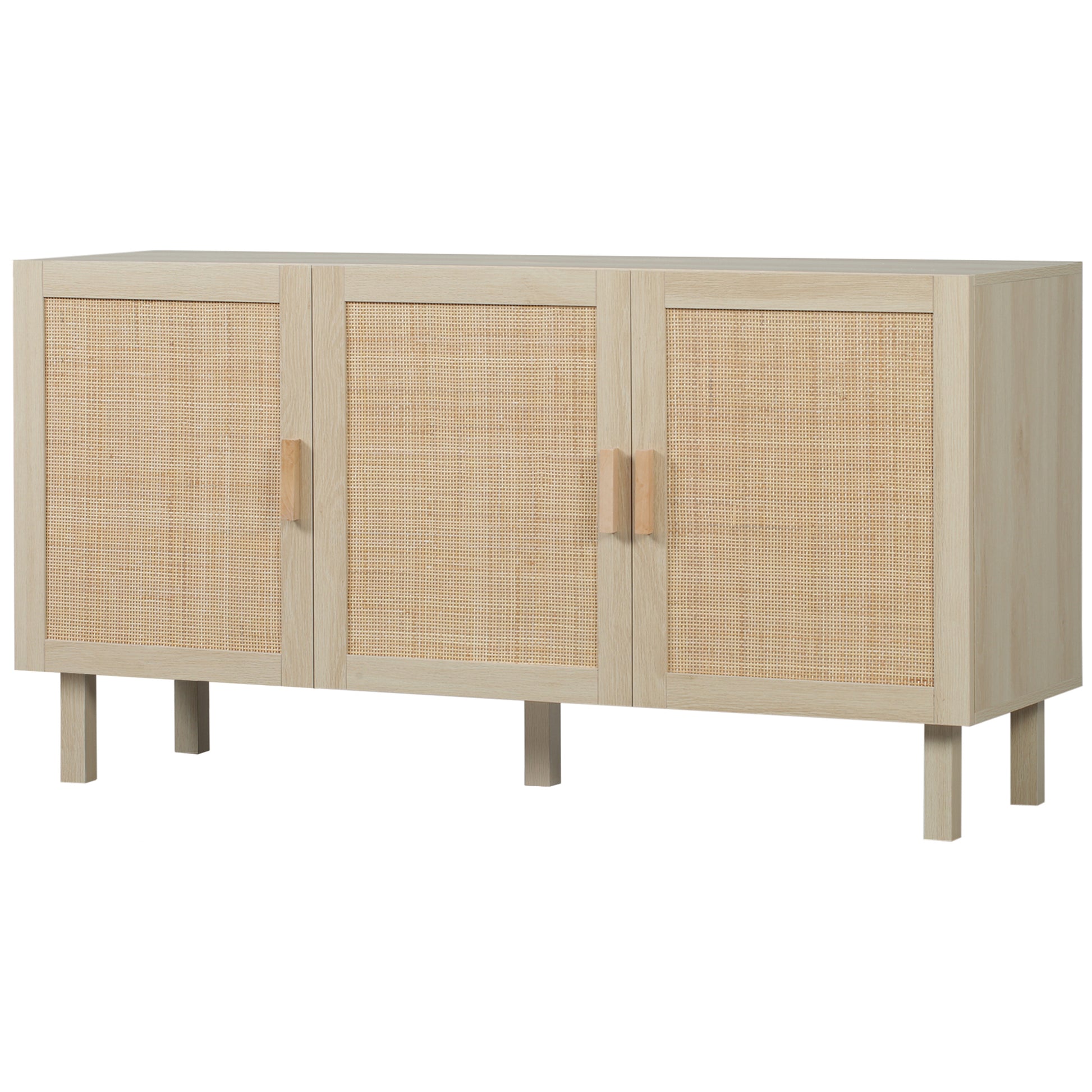 Rattan Storage Sideboard with Cane-Effect Doors, Adjustable Shelves, Storage Cabinet for Living Room, Kitchen, Bedroom, 136 x 41 x 70 cm, Natural Wood