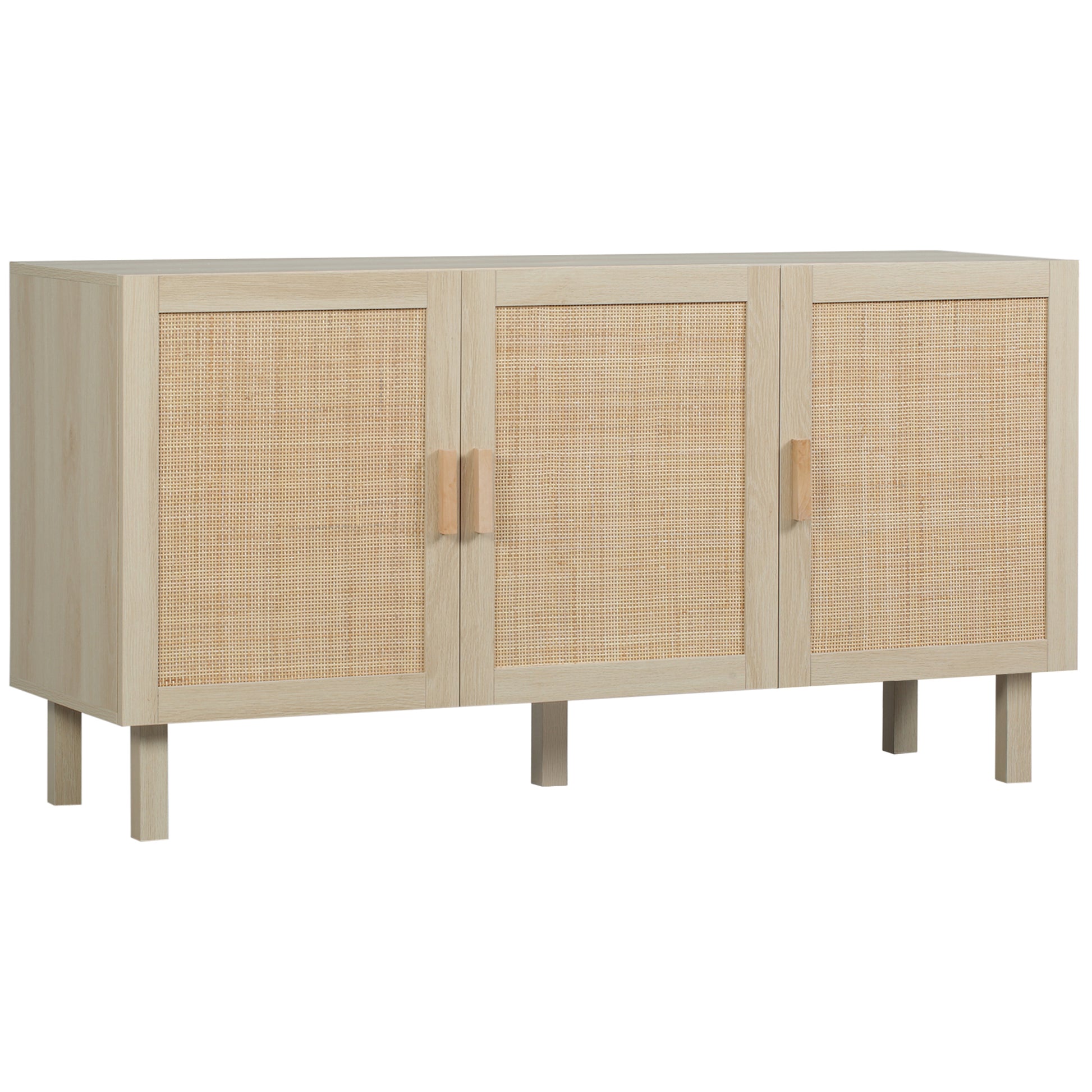 Rattan Storage Sideboard with Cane-Effect Doors, Adjustable Shelves, Storage Cabinet for Living Room, Kitchen, Bedroom, 136 x 41 x 70 cm, Natural Wood