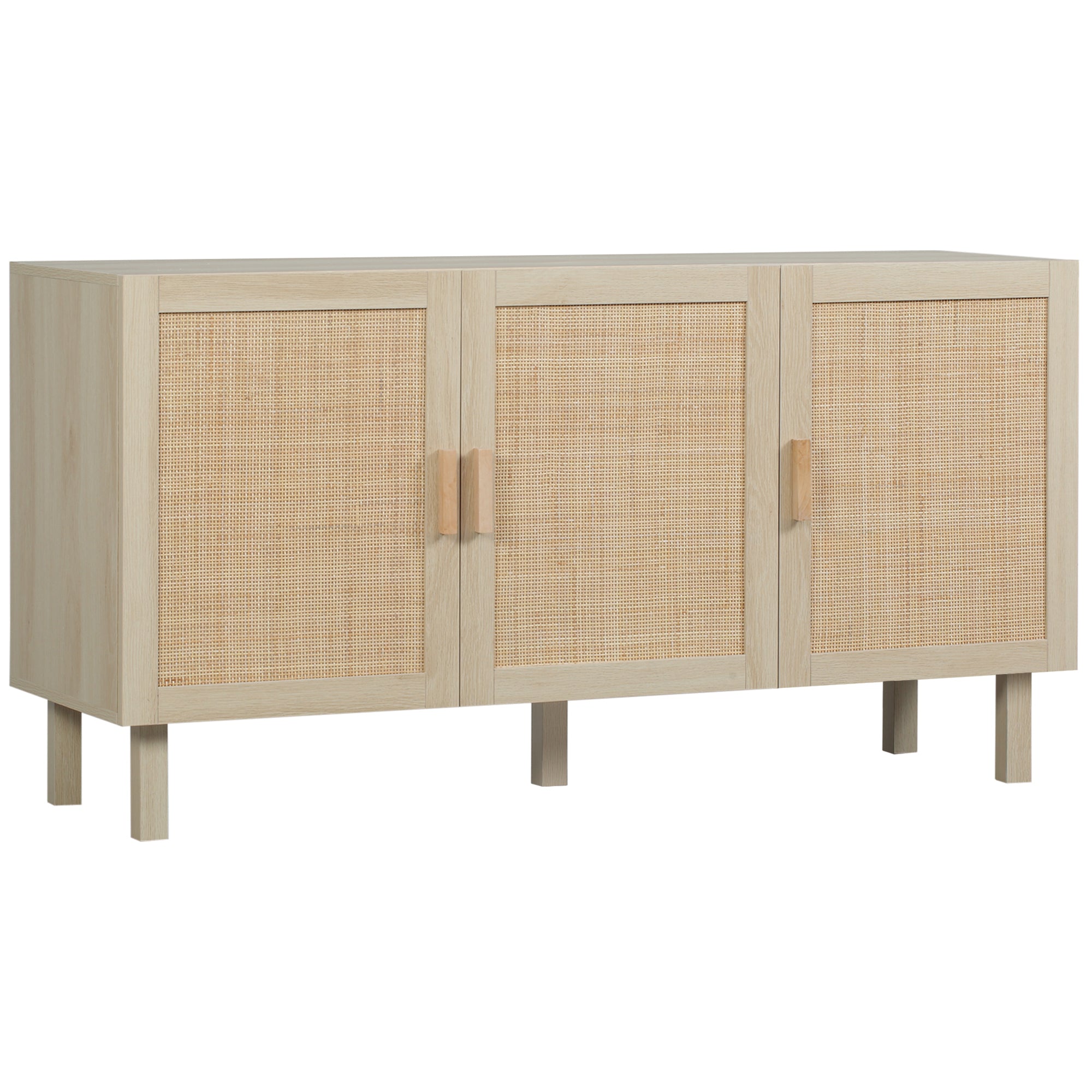 Rattan Storage Sideboard with Cane-Effect Doors, Adjustable Shelves, Storage Cabinet for Living Room, Kitchen, Bedroom, 136 x 41 x 70 cm, Natural Wood