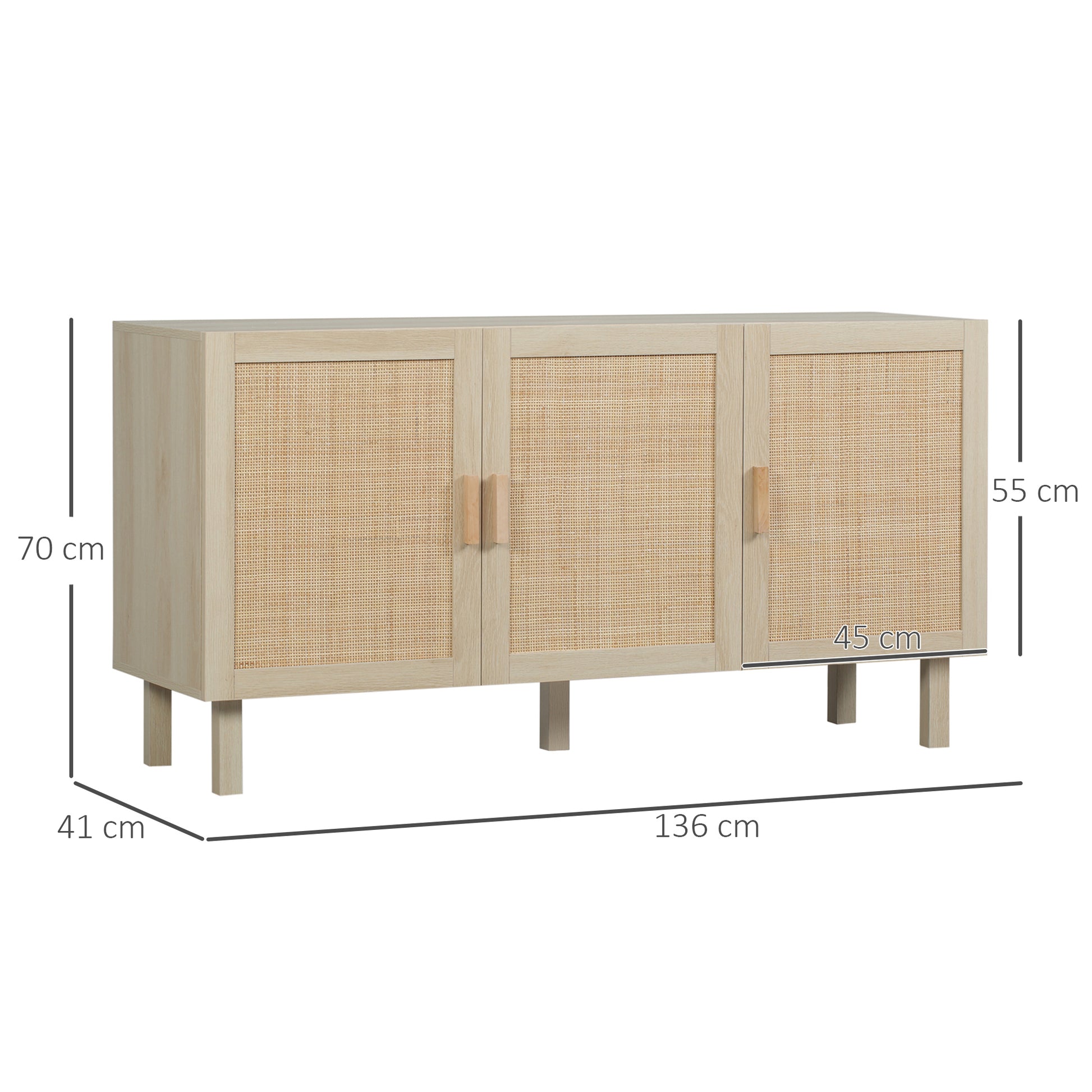 Rattan Storage Sideboard with Cane-Effect Doors, Adjustable Shelves, Storage Cabinet for Living Room, Kitchen, Bedroom, 136 x 41 x 70 cm, Natural Wood